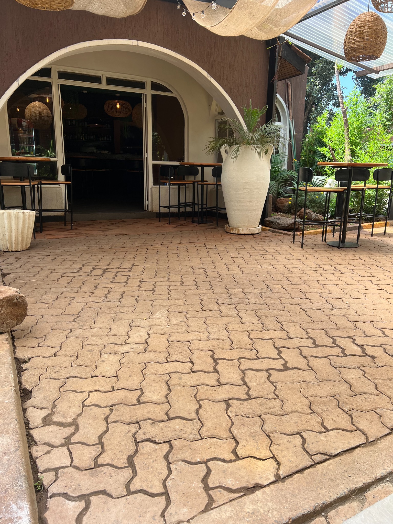 Restaurant entrance before artificial grass